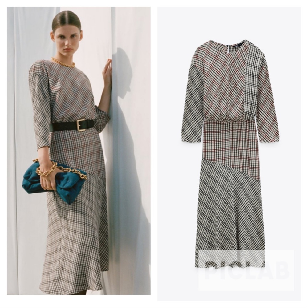 Zara ecru/ black plaid midi dress